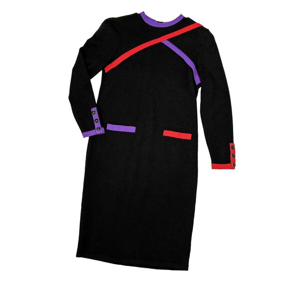 VTG Don Sayres Wool Knit Dress | Colorblock Mod Retro Black Purple Red | Sz 8 - Picture 3 of 9